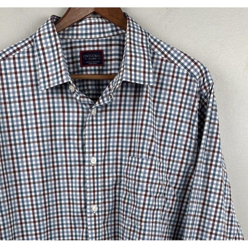 UNTUCKIT Men’s XL Regular Fit Shirt, Red Blue Long Sleeve Nylon 40245 Amanti